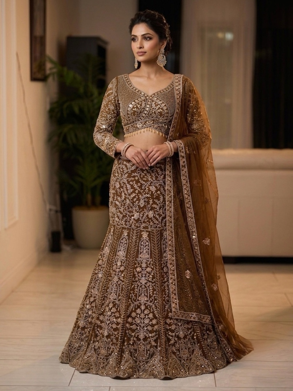 Embellished Brown Bridal or party wear  fish cut style  Lehenga with  Dupatta